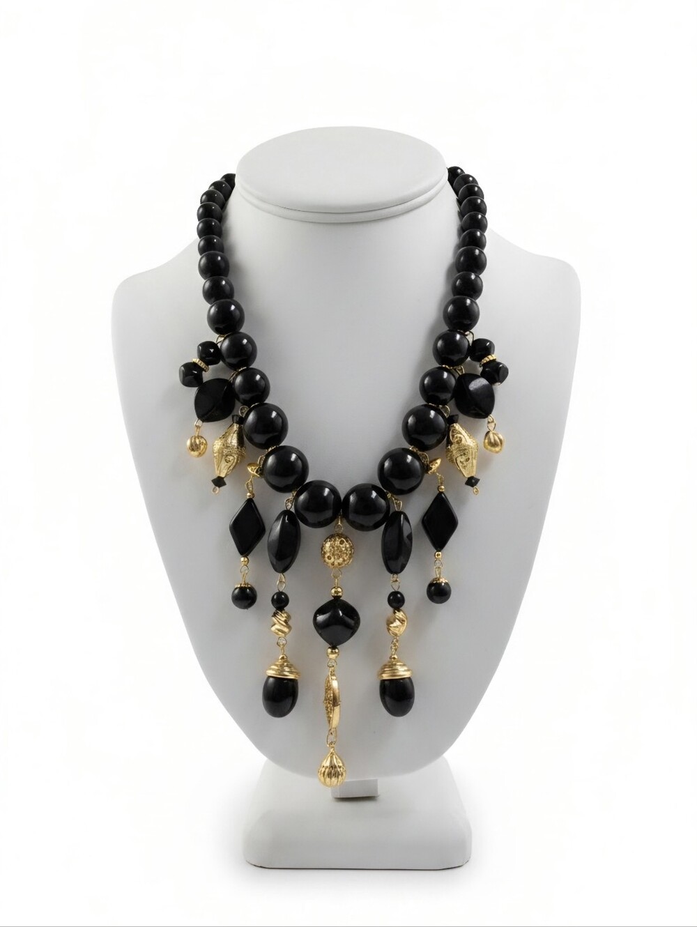 Vintage Trifari Black & Gold Tone Lucite Estruscan Revival Influenece Necklace